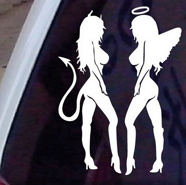 Nálepka na auto - sexy ženy - anděl a ďábel (Bílá)